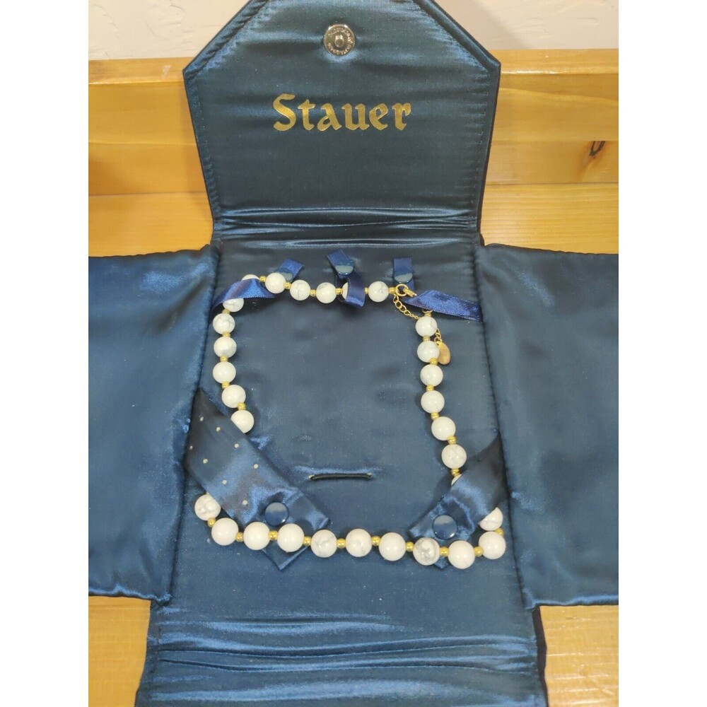 Vintage Signed Stauer White Buffalo Gold Tone 18" Necklace Original Velvet Case